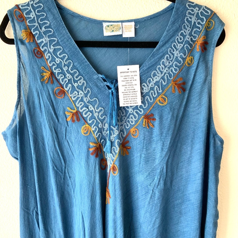 NEW! Boho Dress Embroidered Rayon Blue Size XL+
